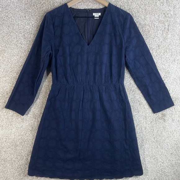 J.Crew Dresses & Skirts - J.Crew Dress Womens 6 Navy Blue Eyelet Cotton V-Neck Long Sleeve H8471